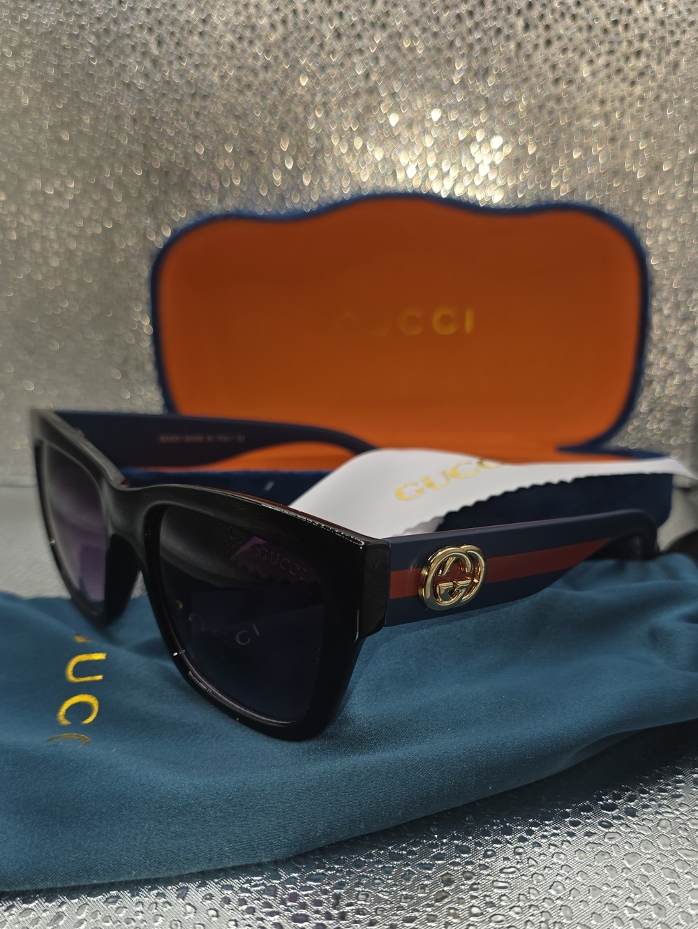 Gucci Black Sunglasses with Navy & Red Stripe and Gold Logo